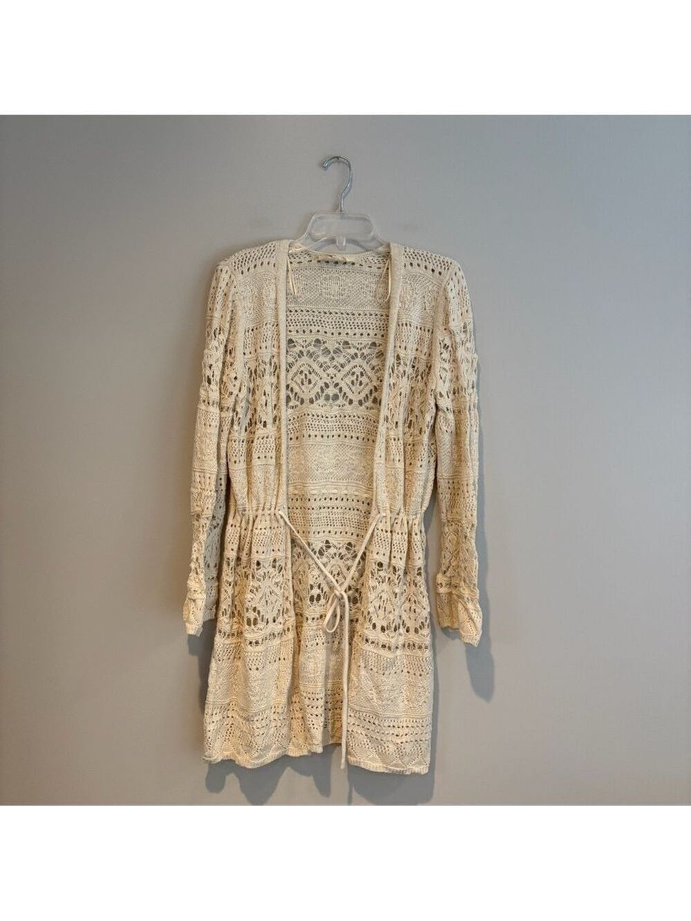Nurture by Westbound Long Cream Crochet Tie Waist Cardigan